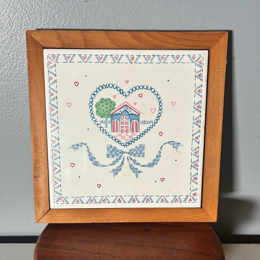 Vintage Heart and Home Framed Ceramic Tile Wall Art - Cottagecore Cross stitch